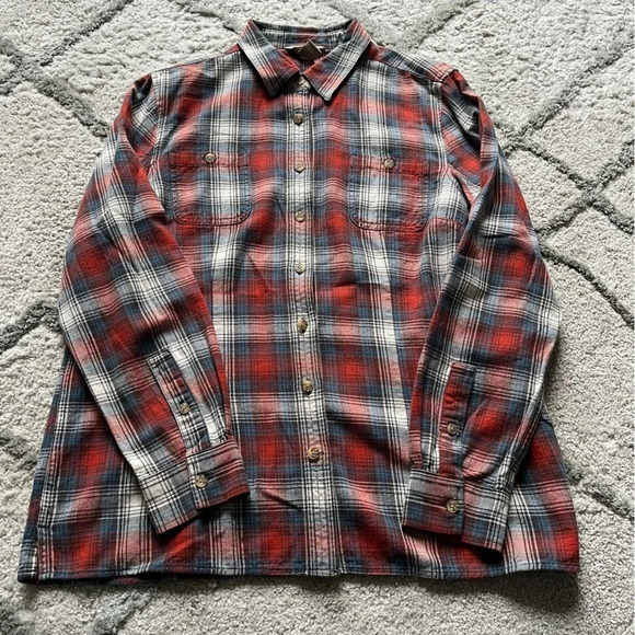 Duluth Trading Company plaid flannel shirt button front red blue large - Picture 1 of 5